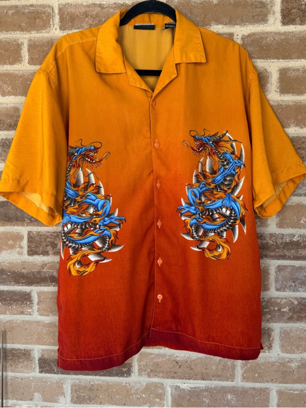Men's Orange Ombre Dragon-Print Short Sleeve Button-Down Shirt